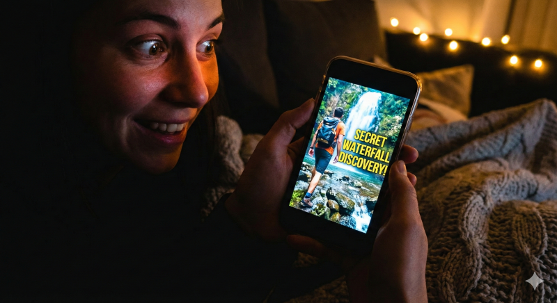 暗い部屋で光るスマートフォンの画面から過去に見逃したお宝動画を再発見した瞬間のイメージ