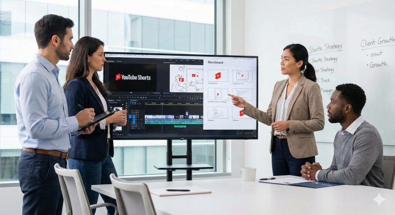 ビジネスの専門家チームがYouTubeショートの戦略やストーリーボードについてミーティングを行い、集客最大化を図っている様子