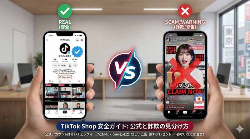 2026年最新版のTikTokショップ詐欺解説。AIで生成された有名人の偽広告と、公式の青い認証バッジがある正規アカウントの比較画像。赤い「×」印と「vs」のアイコンで違いを警告するインフォグラフィック。