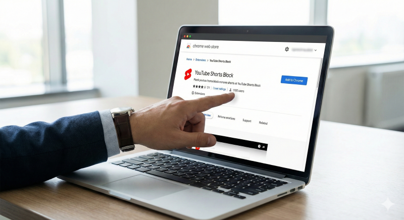 パソコンのブラウザで「YouTube Shorts Block」拡張機能をChromeウェブストアから追加する操作画面のイメージ