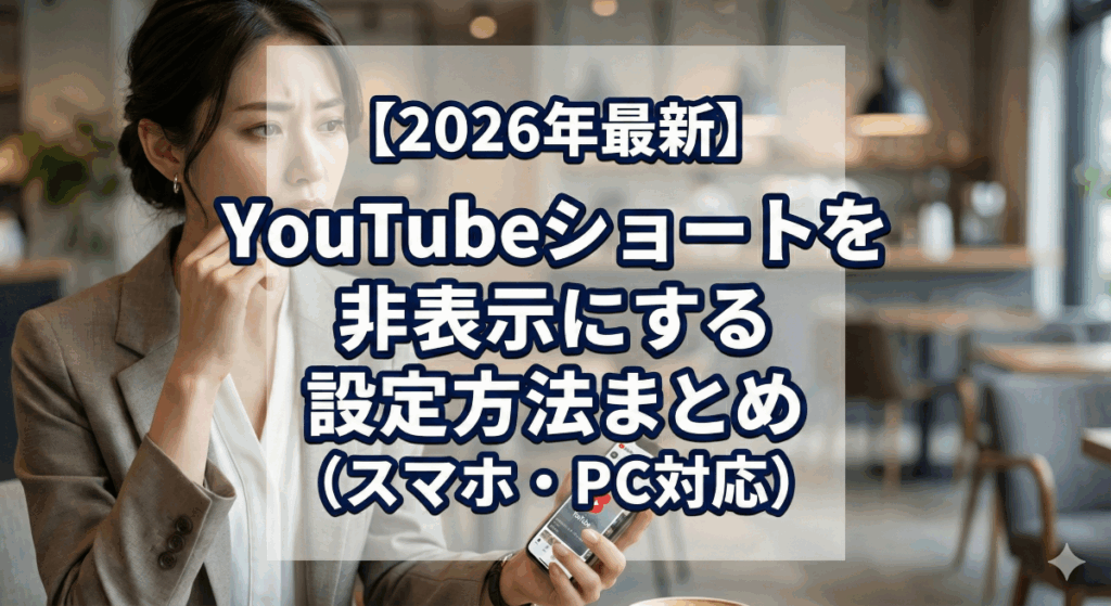 【2026年最新】YouTubeショートを非表示にする設定方法まとめ（スマホ・PC対応）のアイキャッチ画像。スマホを見て困った表情の女性。