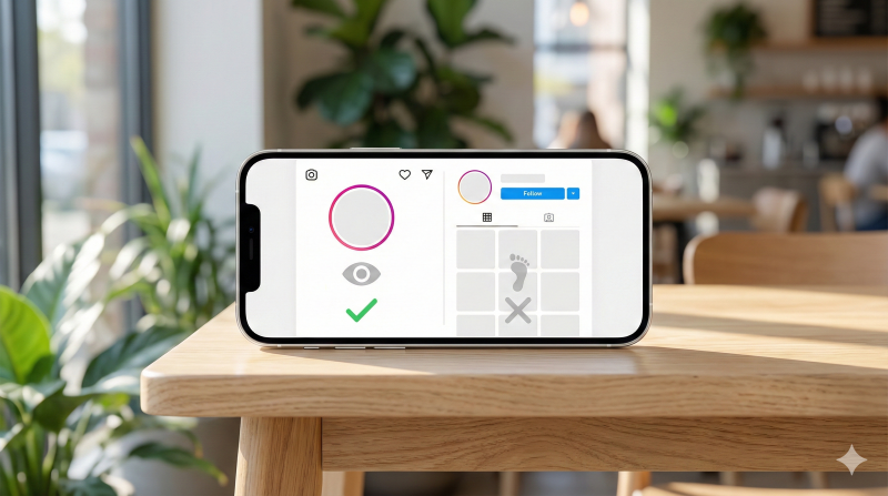 インスタの観覧履歴（足跡）の仕組み比較図解。ストーリー閲覧（足跡あり）とプロフィール閲覧（足跡なし）のUIイメージ。