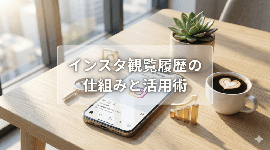 2026年最新のInstagram観覧履歴（足跡）ガイド。スマホと分析グラフ、虫眼鏡が置かれた明るいオフィスのイメージ画像。