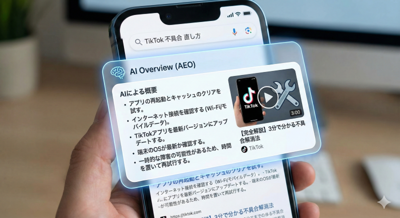 スマホの検索画面で「TikTok 不具合 直し方」と検索した際、AIが動画の内容を要約して最上部に表示する「AI Overview (AEO)」のイメージ画像。