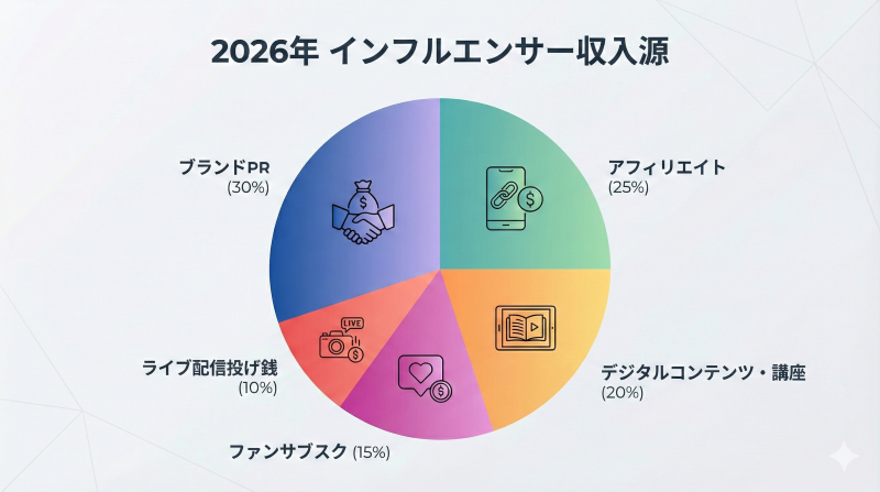2026年最新のインフルエンサー収益構造を示す円グラフ。PR案件、アフィリエイト、自社コンテンツ販売、サブスクリプション、投げ銭の5項目で構成。