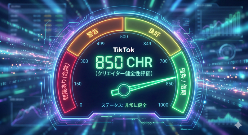 TikTokのアカウント信頼スコア「CHR」を示すデジタルメーターのイメージ図。0から1000までの目盛りがあり、危険、警告、良好、優良のゾーンが色分けされている。