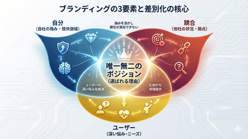 ブランディングを構成する3要素(自分、競合、ユーザー)の関係性を示す戦略相関図。3者の重なり合う中心が「唯一無二のポジション」であり、差別化の核心であることを視覚化している。