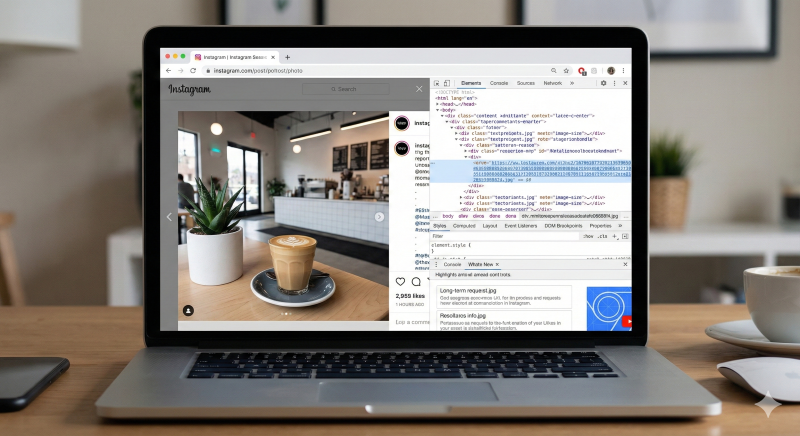 パソコン（PC）のブラウザにあるデベロッパーツール（検証機能）を開き、Instagramのソースコードから直接画像ファイルを抽出して保存する操作画面のイメージ