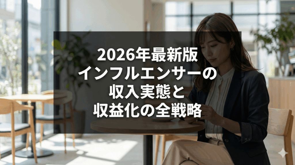 2026年最新版：インフルエンサーの収入実態とInstagram収益化の全戦略のアイキャッチ画像。明るいカフェでスマートフォンを操作する日本人女性