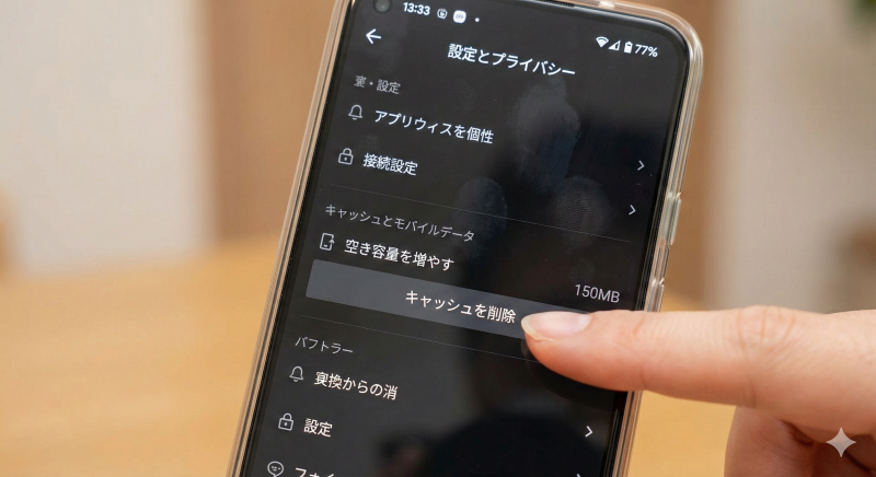 TikTokアプリの設定画面で「空き容量を増やす」から「キャッシュを削除」ボタンをタップしようとしているスマホ画面のクローズアップ写真。