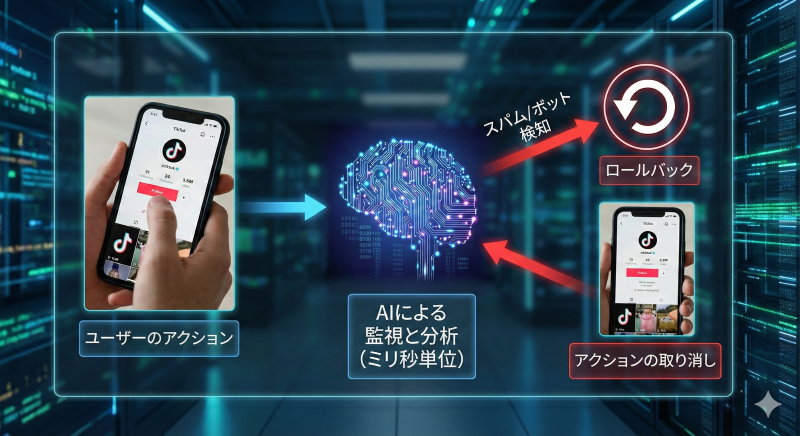 TikTokのAIがユーザーのフォロー操作を検知し、スパムと判断して操作をロールバック（取り消し）する仕組みのフローチャート図解。