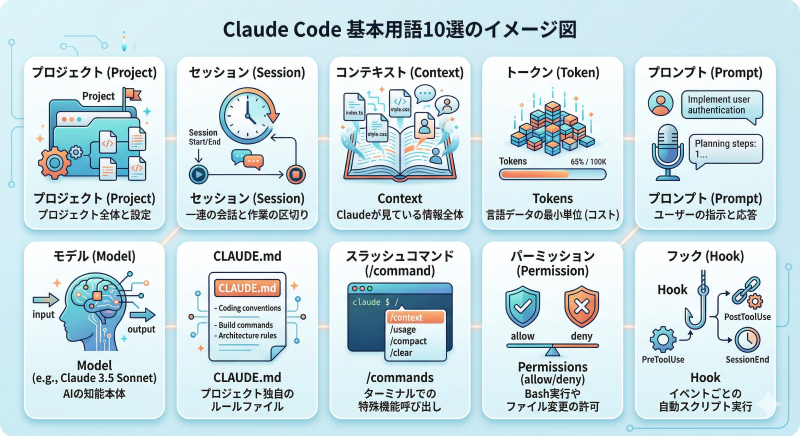 Claude Code基本用語10選のイメージ図
