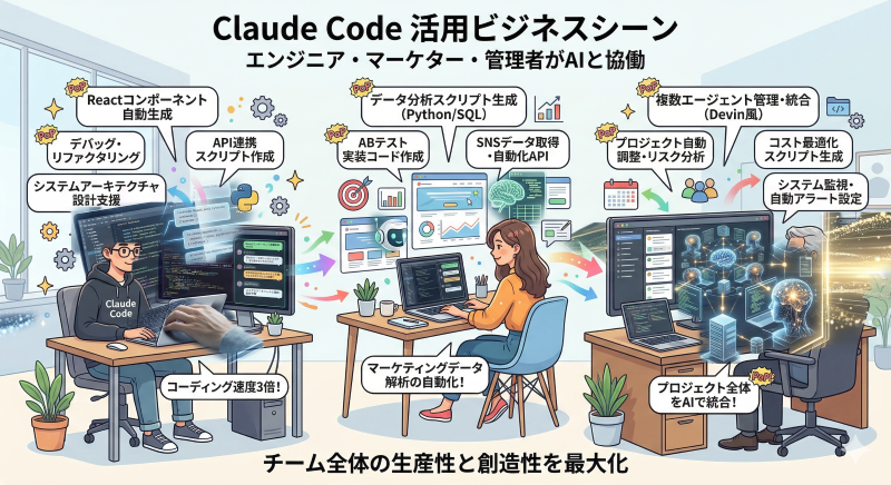 エンジニア・マーケター・管理者がそれぞれClaude Codeを活用しているビジネスシーンの図解