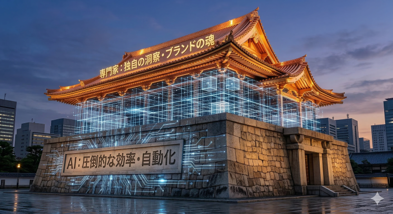 AIの自動化（土台）と専門家の戦略（冠）が融合した、ハイブリッド・マーケティングの構造図。