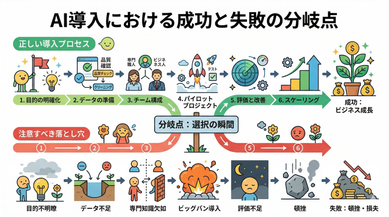 AI導入における成功と失敗の分岐点を示す概念図。正しい導入プロセスと注意すべき落とし穴
