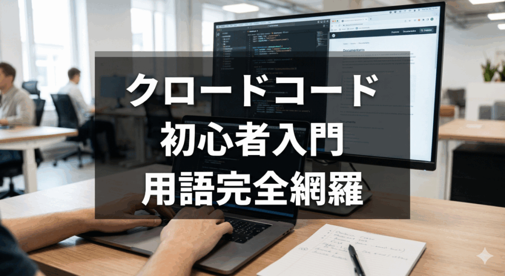 ノートパソコンで作業するコーダーの手元の写真。画面にはコードが表示され、背景にはオフィス環境が写っている。中央の半透明の暗いオーバーレイには、大きく太い日本語の文字で「クロードコード 初心者入門 用語完全網羅」というテキストが表示されている。