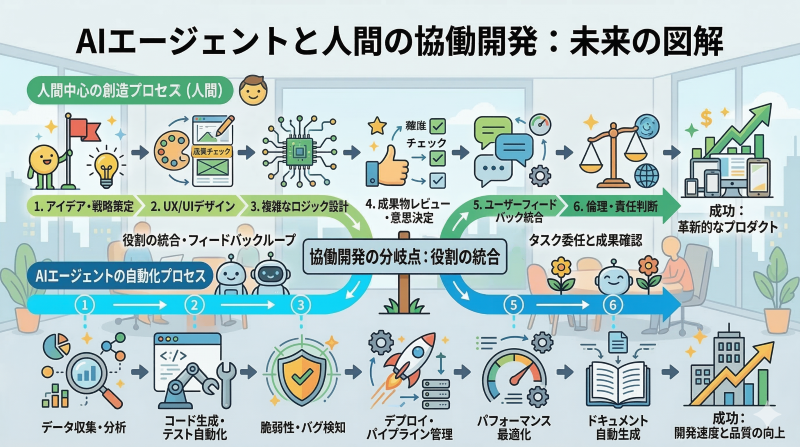 AIエージェントと人間が協働してソフトウェア開発を行う未来のイメージ図