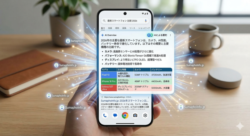 検索結果の最上部に表示されるAI Overview（AEO）で、自社の比較表が引用されているスマートフォンの画面イメージ。