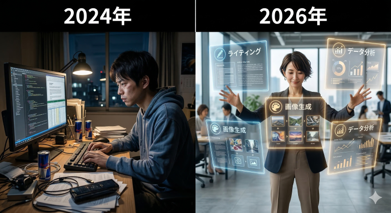 2024年の手作業によるAI活用と、2026年の複数のAIエージェントを指揮するスタイルの比較図。