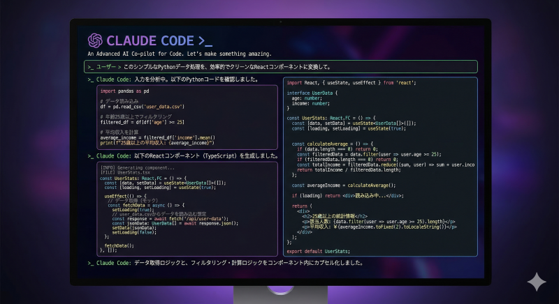 Claude Codeのターミナル操作画面のイメージ。暗い背景にカラフルなコードが表示されている