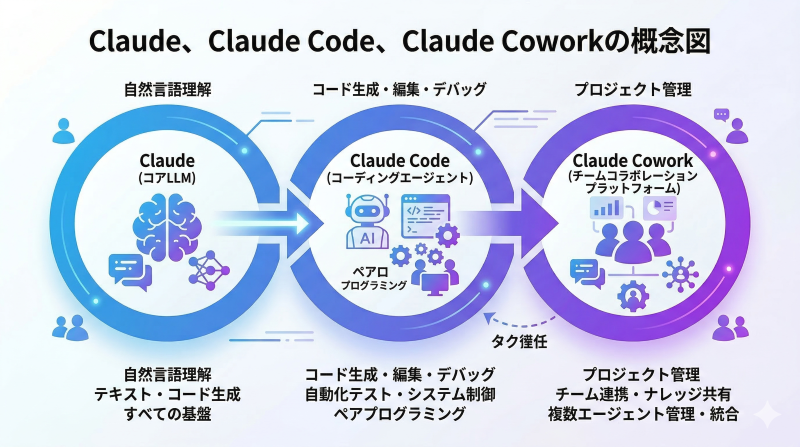 Claude・Claude Code・Claude Coworkの3つのサービスの関係を示す概念図