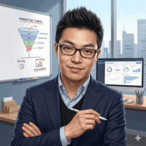 SNS集客の専門家、古田 憲幸（株式会社ONEPIECE）のプロフィール写真。背景にはマーケティングファネルの図解とデータ解析画面が配置され、Webマーケティングの専門性を表現しています。