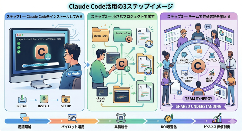 Claude Code活用の3ステップイメージ