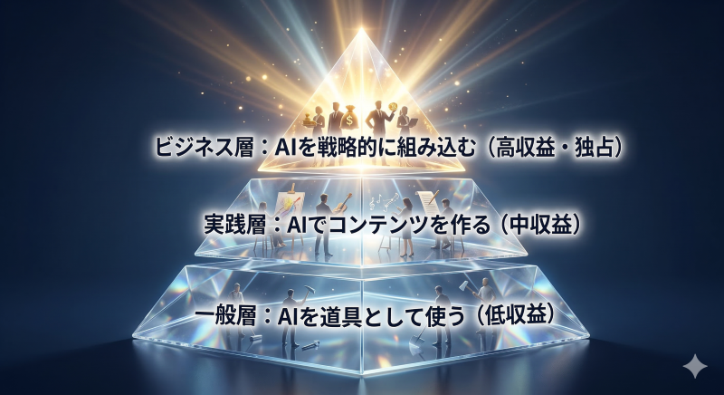 AI活用の深さによって収益が変わることを示す、3段階の収益ピラミッド図。