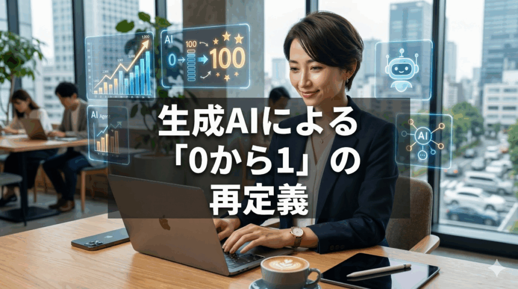 コワーキングスペースで、笑顔でノートパソコンを操作する短い髪の女性。彼女の周囲には、上昇するグラフ、AIロボットのアイコン、AIネットワーク図、AIフローチャートなどのホログラフィックディスプレイが浮いています。デスクの上にはコーヒーカップ、スマートフォン、タブレットがあります。画像の中央には、大きな白い日本語テキストで「生成AIによる 「0から1」 の 再定義」と重なっています。背景には、他の働く人々や、窓越しに都市の景観が見えます。